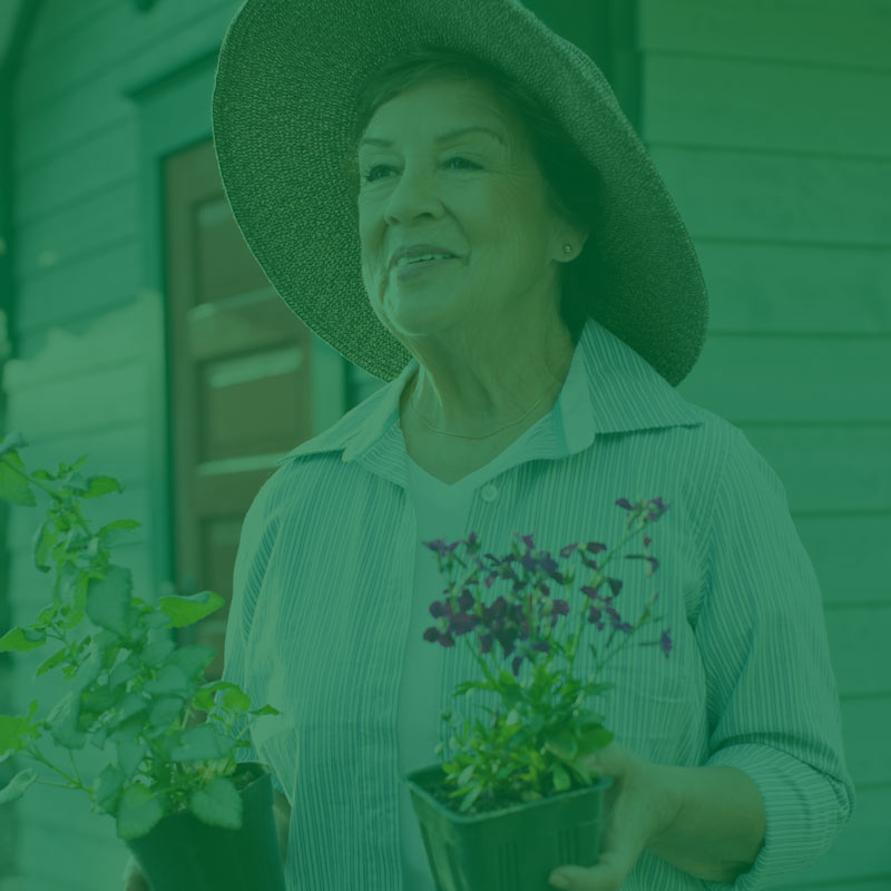 A photo of a older woman gardening tinted green
